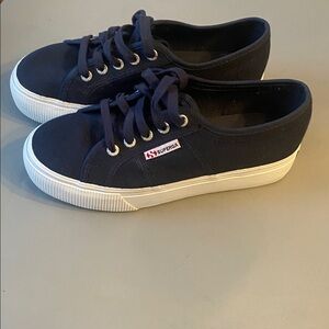 Superga Navy Canvas Low-Top Sneakers with White Soles platform 7.5